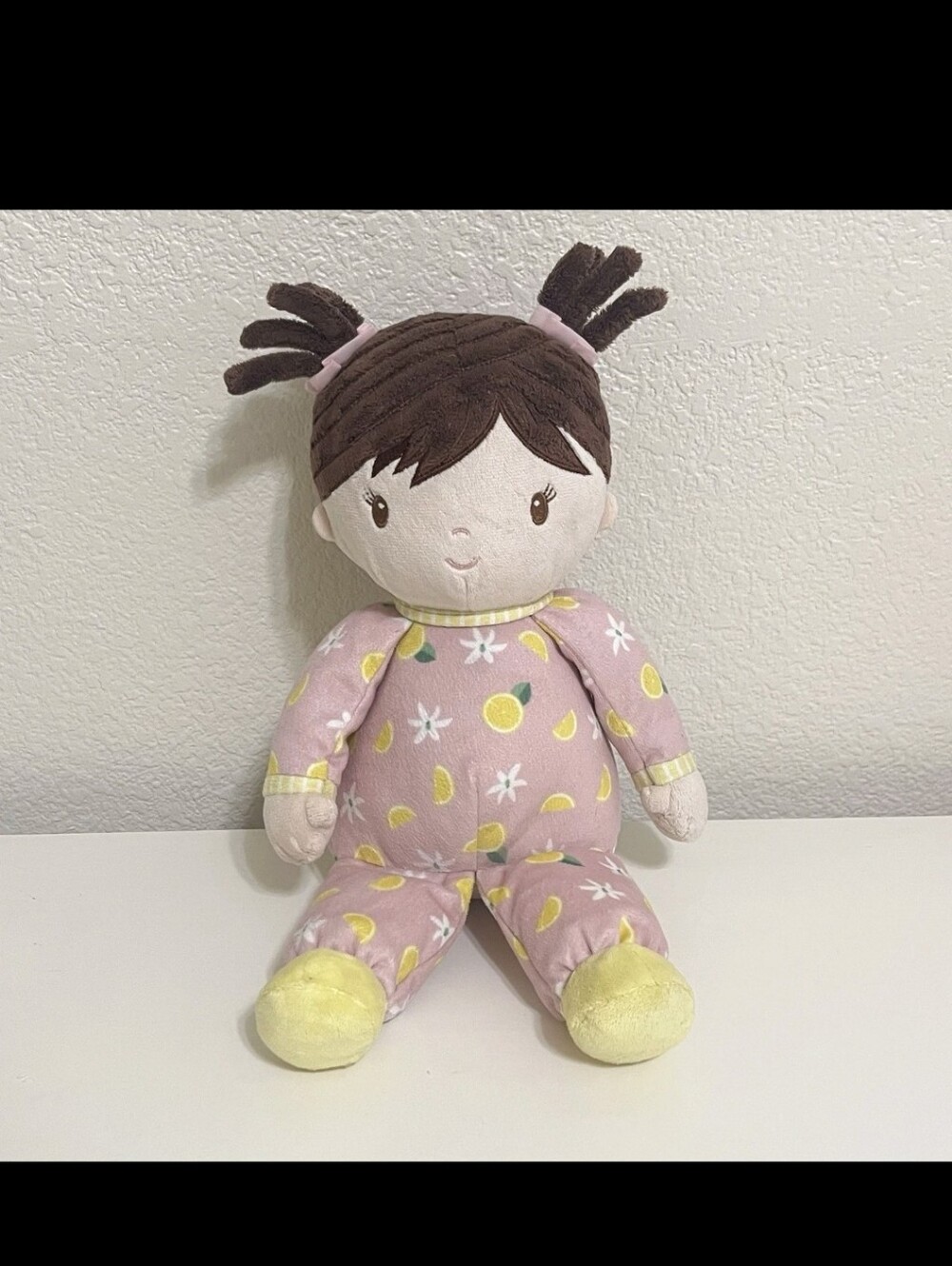 Douglas Baby Plush Pink Lemon Print Baby Doll Brown Hair Brunette Lainey 12"